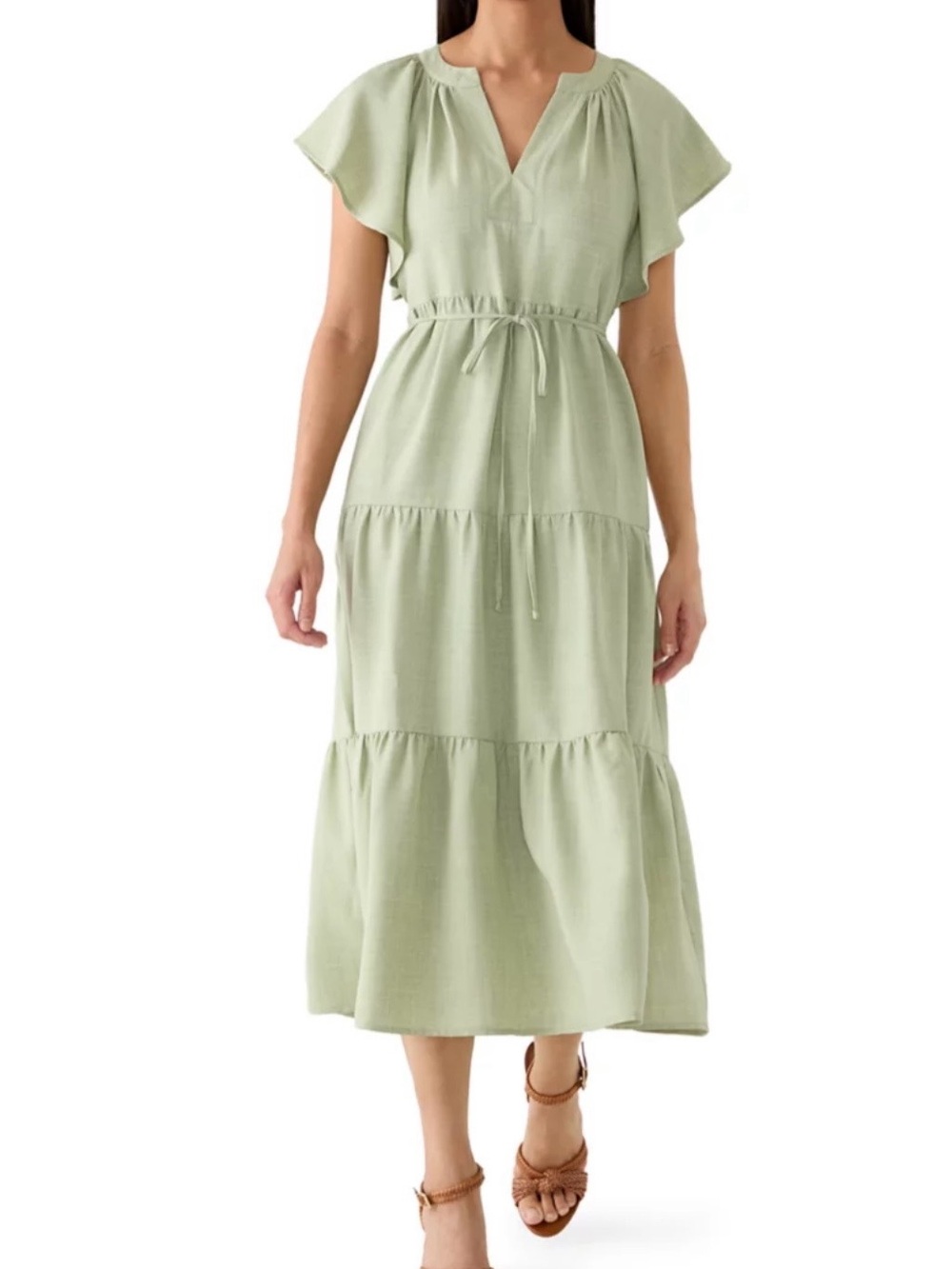 NWT Emma & Michele Light Sage Celery Tiered Midi Dress with Tie Waist